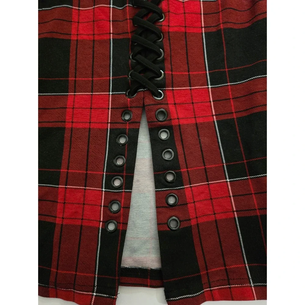 Torrid Goth Punk Red Black Plaid Lace Up Grommet Slit Pencil Skirt  2XL Grunge